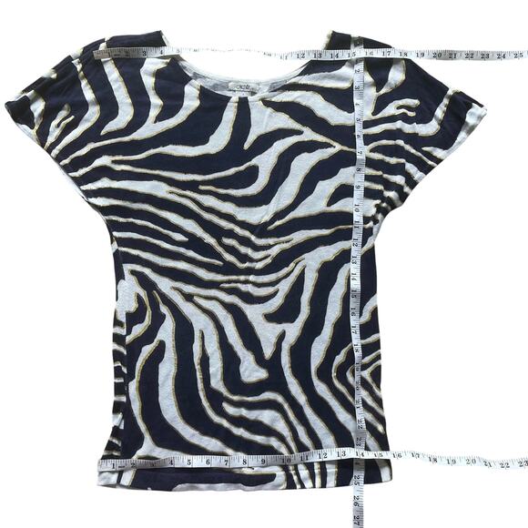 Cache Zebra Print Metallic Gold, Navy, & White Short Sleeve Sweater Small - Picture 10 of 13